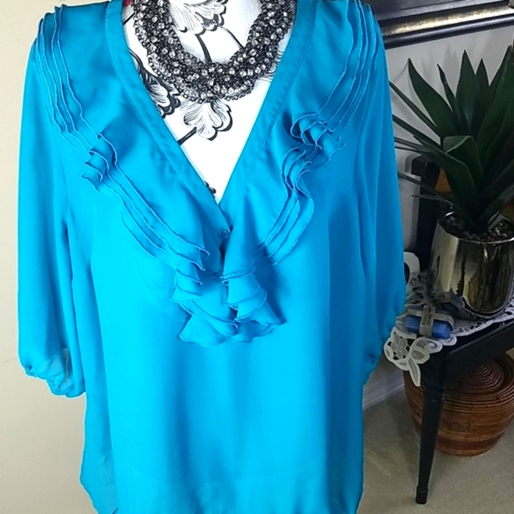 Lane Bryant Turquoise Teal Blue Ruffle V-neck Sheer Women's Top Size 18 20
